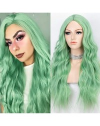 K'ryssma Mint Green Wig for Women Long Wavy Synthetic Wig Middle Part Heat Resistant Glueless Synthetic Green Wigs 22 inches