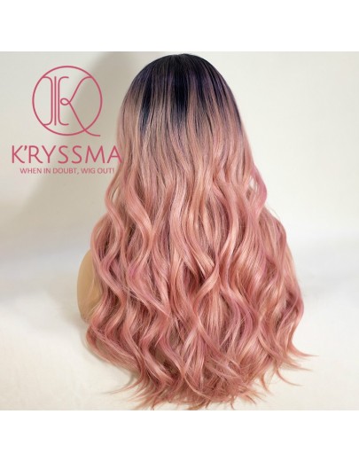 Pink Lace Front Wig Ombre with Dark Roots T Part Medium Length Wavy Synthetic Wigs