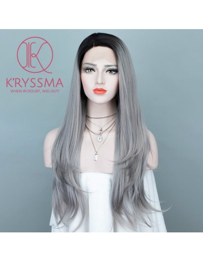 Ombre Silver Gray Long Natural Straight Lace Front Wig 22 Inches