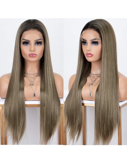 Lace Front Wig Brown Ombre Synthetic Wig with Dark Roots Natural Hairline Silk Straight 22 inches Long Brown Wigs