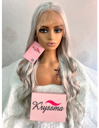 K'ryssma Long Wave Silver Gray Lace Front Wigs for Women Synthetic Wigs Party Wigs