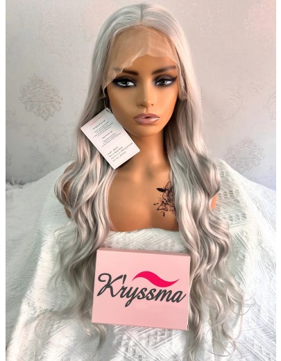 K'ryssma Long Wave Silver Gray Lace Front Wigs for Women Synthetic Wigs Party Wigs