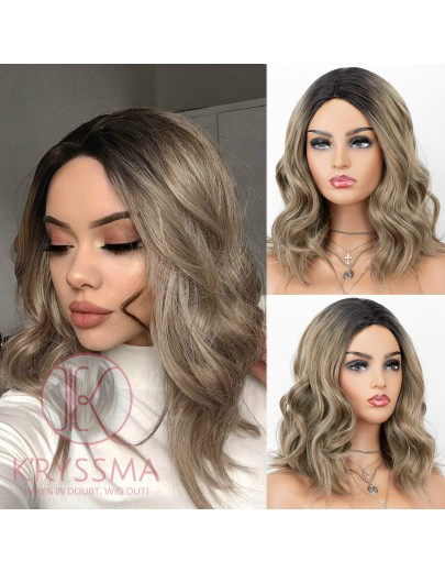 K'ryssma Short Bob Wigs Wavy Ash Brown Ombre Synthetic Wig with Black Roots Middle Parting