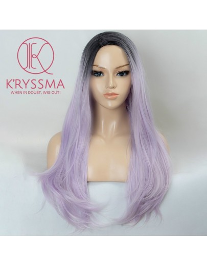 Ombre Purple Long Straight Synthetic Non-Lace Wigs with Black Roots 22 inch 