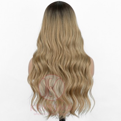NEW ARRIVIAL! Ombre Ash Blonde Long Wavy Lace Wig Synthetic Wig with T Part and Dark Roots