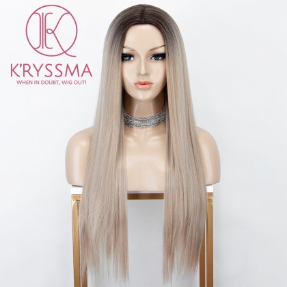 Ombre Blonde None Lace Wig With Dark Roots Straight Long Synthetic Wigs With Deep Middle Parting For Women 22 Inches