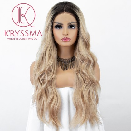 Ombre Blonde Lace Front Wig With Dark Roots Long Wavy Synthetic Wig