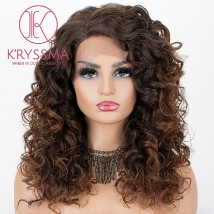Brown Ombre Lace Front Wig With Dark Roots Medium Length Wavy Synthetic Wigs Mix Brown Wig For Women Heat Resistant