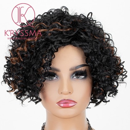Natural Black Mixed Blonde Lace Front Wig Short Curly Synthetic Wig Glueless Heat Resistant Wigs For Women