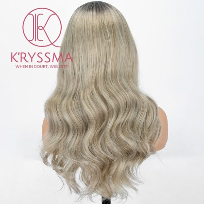 Ash Blonde None Lace Wig With Dark Roots Long Wavy Synthetic Wig 18 Inches Middle Parting Ombre Blonde Wigs For Women Heat Resistant