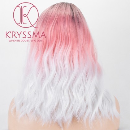 None Lace Synthetic Wigs Short Bob Wig Ombre Pink To White Dark Roots 3 Tones Wavy Pink Wig With Side Parting