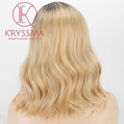 Ombre Blonde None Lace Wig With Dark Roots Short Wavy Bob Wig Glueless Side Part Synthetic Wigs For Women Heat Resistant