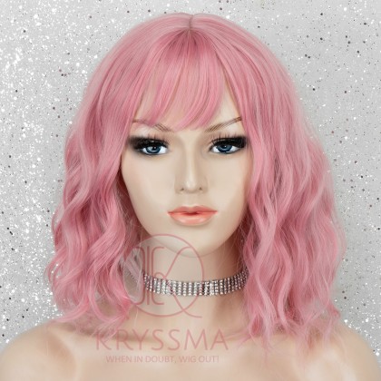 Short Bob Wig with Bangs Glueless Wavy Pink Synthetic Wigs Short Bob Wig for Cosplay (14 Inches)