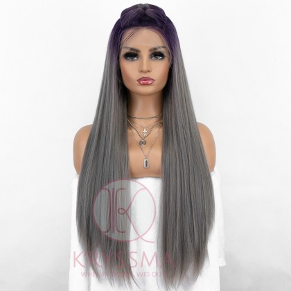 SPECIAL PARTING WIG Ombre Grey Long Straight Synthetic Lace Front Wig with Purple Roots