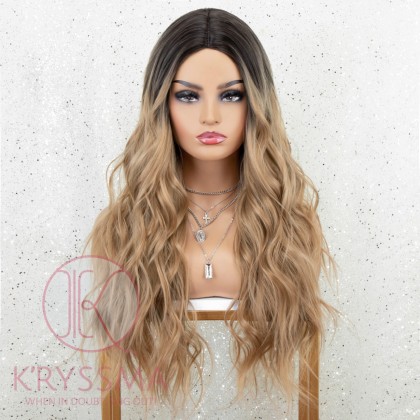 Dirty Blonde Wig with Dark Roots Ombre Long Wavy Synthetic Wig for Women 22 inches