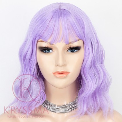 Light Purple Short Bob Hair Wigs with Bangs Violet Wavy Synthetic Cosplay Wig 12 Inch Natural Looking As Real Hair 