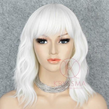 White Wavy Short Bob Wigs with Bangs Synthetic Wigs for Halloween Wigs, Party & Cosplay