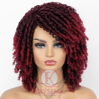 Dreadlock Twist Wigs for Black Women Braided Faux Locs Crochet Hair Wigs with Curly Ends Heat Resistant Afro Short Curly Daily Wigs Burgundy Color
