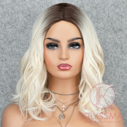 Bob Wig Platinum Blonde Ombre Dark Roots Glueless Side Part Short Bob Wavy Synthetic Wigs for Women Heat Recsistant