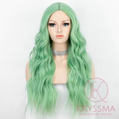 K'ryssma Mint Green Wig for Women Long Wavy Synthetic Wig Middle Part Heat Resistant Glueless Synthetic Green Wigs 22 inches