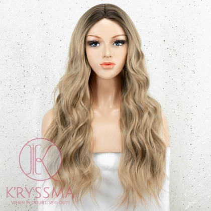 K'ryssma Ombre Blonde Wig Long Wavy Blonde Synthetic Wigs with Dark Roots Glueless Blonde Ombre Wig for Women Middle Parting 22 inches