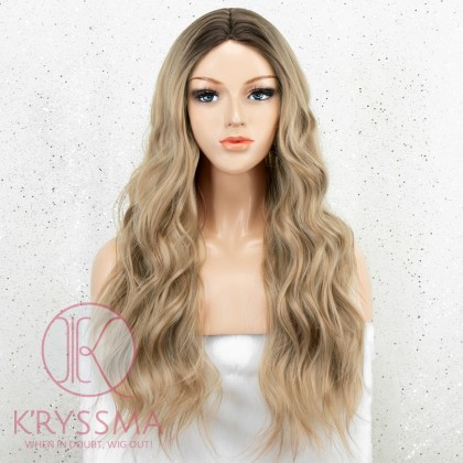 K'ryssma Ombre Blonde Wig Long Wavy Blonde Synthetic Wigs with Dark Roots Glueless Blonde Ombre Wig for Women Middle Parting 22 inches