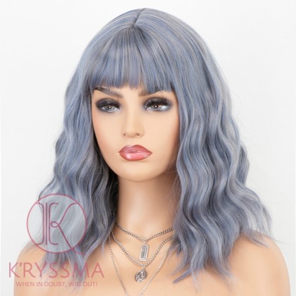 K'ryssma Short Bob Wig with Bangs Glueless Wavy Ash Purple Synthetic Wigs Heat Resistant Bob Purple Wig (14 Inch)
