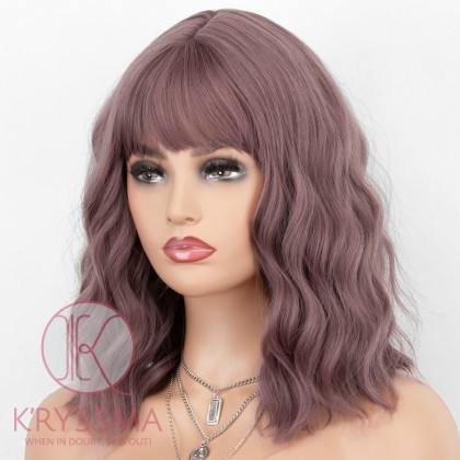 K'ryssma Short Bob Wig with Bangs Glueless Wavy Ash Pink Synthetic Wigs Heat Resistant Bob Pink Wig (14 Inch)