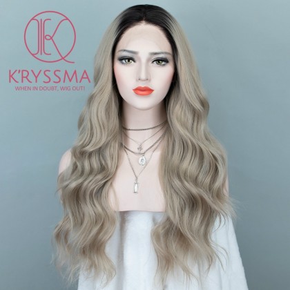 Ash Blonde Long Wavy Dark Roots Synthetic Wigs 22 Inches