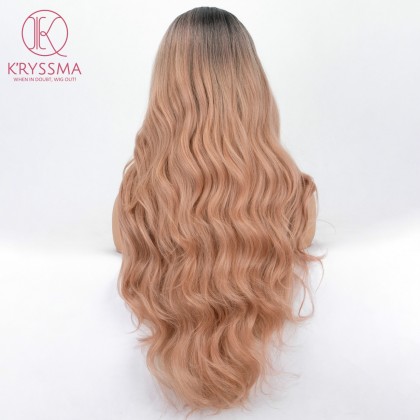 Pastel Pink Long Wavy Lace Front Wig Ombre Rose Blonde