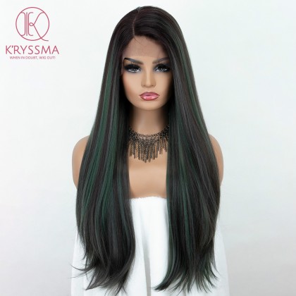 28 Inches Mixed Green lace front wigs Ombre Dark Roots Medium Length L Part Straight Synthetic Wigs Mixed Color Side Deep Parting