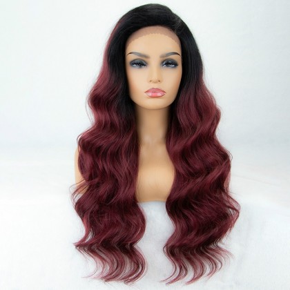 99j Lace Front Wig Ombre L Part Long Wavy Synthteic Wig Deep Side Parting Burgundy Wigs for Women Glueless Ombre Wig with Black Roots 22 inches