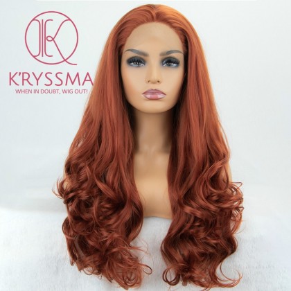 #360 Copper Red Long Wavy Free Parting Synthetic Wigs 20/22/24/26 inches