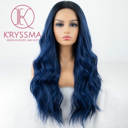 Dark Blue Long Wavy Synthetic Lace Front Wigs with Dark Roots 22 inches