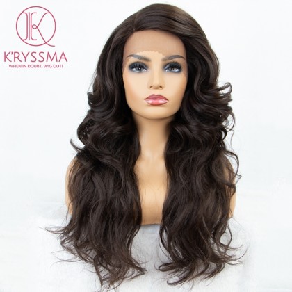 Brown Wavy Synthetic Wig 20 Inches Medium Length L Part Lace Wigs with Right Side Parting