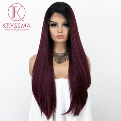 Ombre Burgundy 99j Lace Front Wig Long Light Yaki Synthegic Wigs High Density L Part Deep Wine Red Lace Wigs for Women Heat Resistant