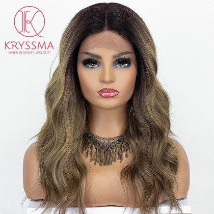 Brown Ombre Lace Front Wig Mix Blonde Glueless Wavy Synthetic Wig Deep Middle Part 16 Inches Long Brown Wigs for Women Heat Resistant