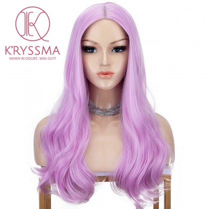 Pink Synthetic Long Wavy Wig Middle Part Heat Resistant 18 Inches