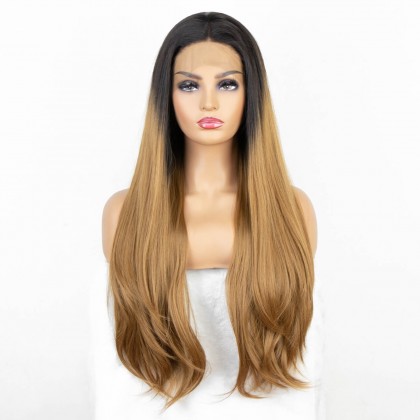 Ombre Blonde Lace Front Wig with Dark Roots Long Straight Synthetic Wigs for Women Heat Resistant 22 Inches