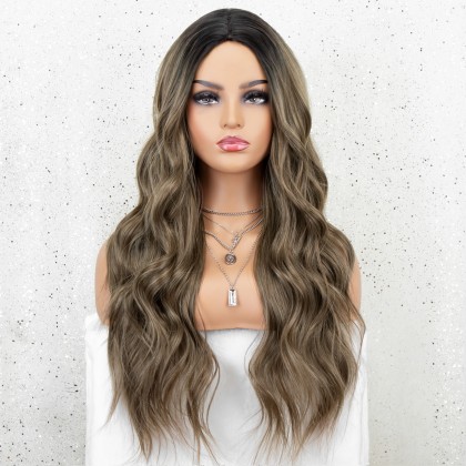 K'ryssma Ombre Brown Wig with Dark Roots Middle Parting Wavy Long Synthetic Wig Full Machine Made 22 inches