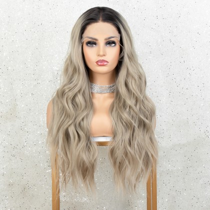 Ash Blonde Long Wavy Dark Roots Synthetic Wigs 22 Inches