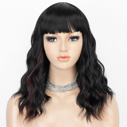 Natural Black Wavy Bob Wigs with Bangs Heat Resistant Synthetic Wigs with Natural Looking