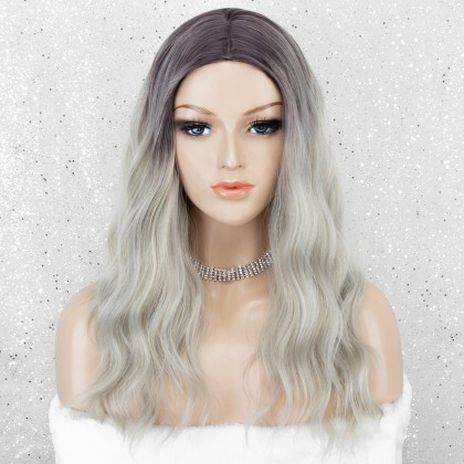 Ombre Ash Blonde Long Wavy Synthetic Wig Glueless Natural Looking with Dark Roots