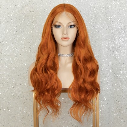 K'ryssma Copper Red Lace Front Wig Wavy Red Orange Wigs for Women T Part Synthetic Wig wtih 4 Inch Deep Parting