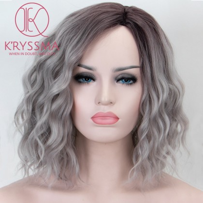Ombre Grey None Lace Synthetic Wig With Dark Roots Short Wavy Bob Wig Heat Resistant Glueless Gray Wigs For Women