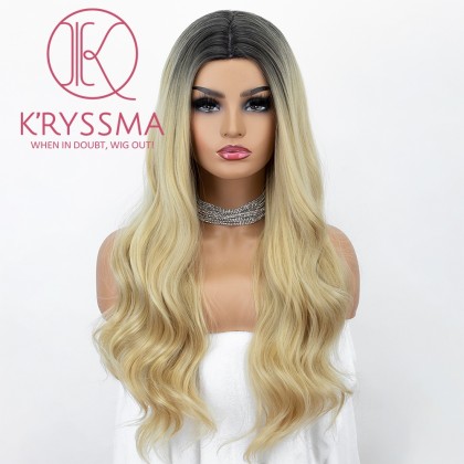 Ombre Golden Blonde Wig 20 Inches None Lace Natural Wavy Synthetic Wig With Middle Part 2 Tones Long Blonde Wigs Heat Reaistant