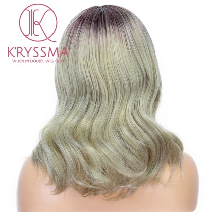 Ash Blonde None Lace Wig Highlight Colored Short Wavy Bob Synthetic Wig With Middle Part New Blonde Ombre Wigs Mix Grey