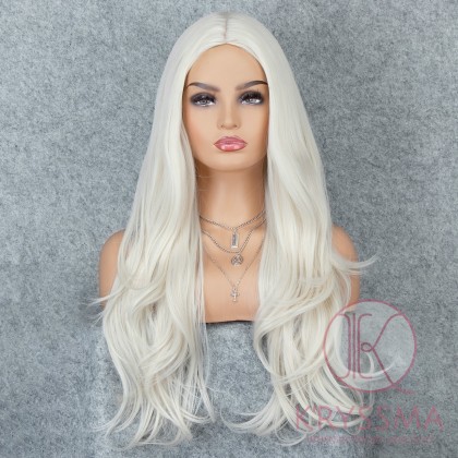 K'ryssma Platinum Blonde Glueless Synthetic Hair Wigs for Halloween Long Natural Wavy Full Wig For Women Heat Friendly 22 inches