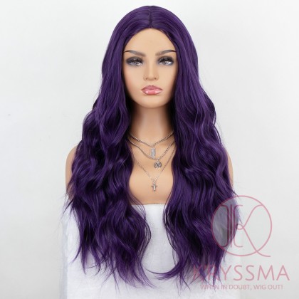 K'ryssma Synthetic Purple Wig with Middle Parting Long Wavy Wig 22 Inches Dark Purple Cosplay Wigs for Women