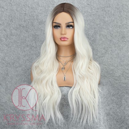  K'ryssma Platinum Blonde Wig with Dark Roots Wavy Long Ombre Wig Synthetic Long Wig for Women 22 Inches